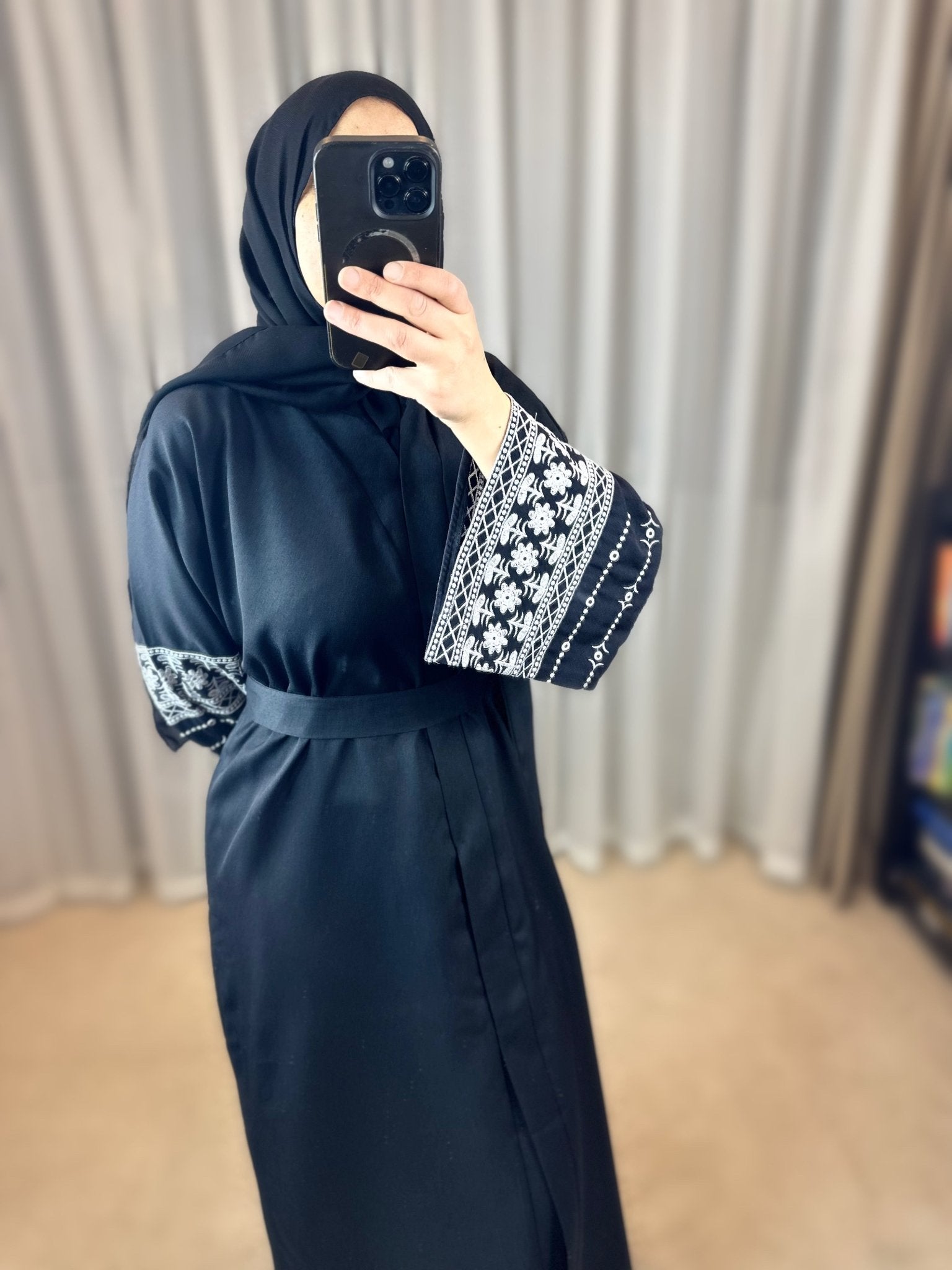 Cotton Blend Embroidery Sleeve Cardigan Open Abaya Dress - Mesyana