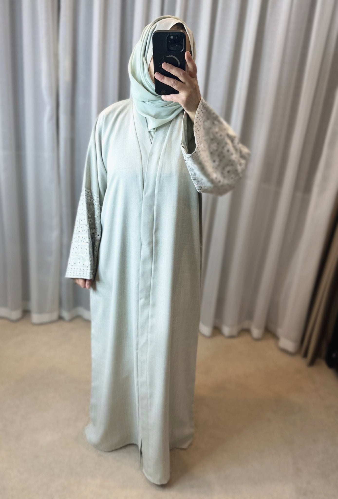 Cotton Blend Embroidery Sleeve Cardigan Open Abaya Dress - Mesyana