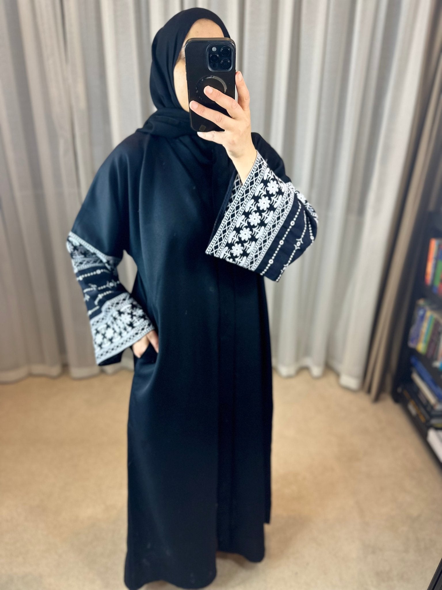 Cotton Blend Embroidery Sleeve Cardigan Open Abaya Dress - Mesyana