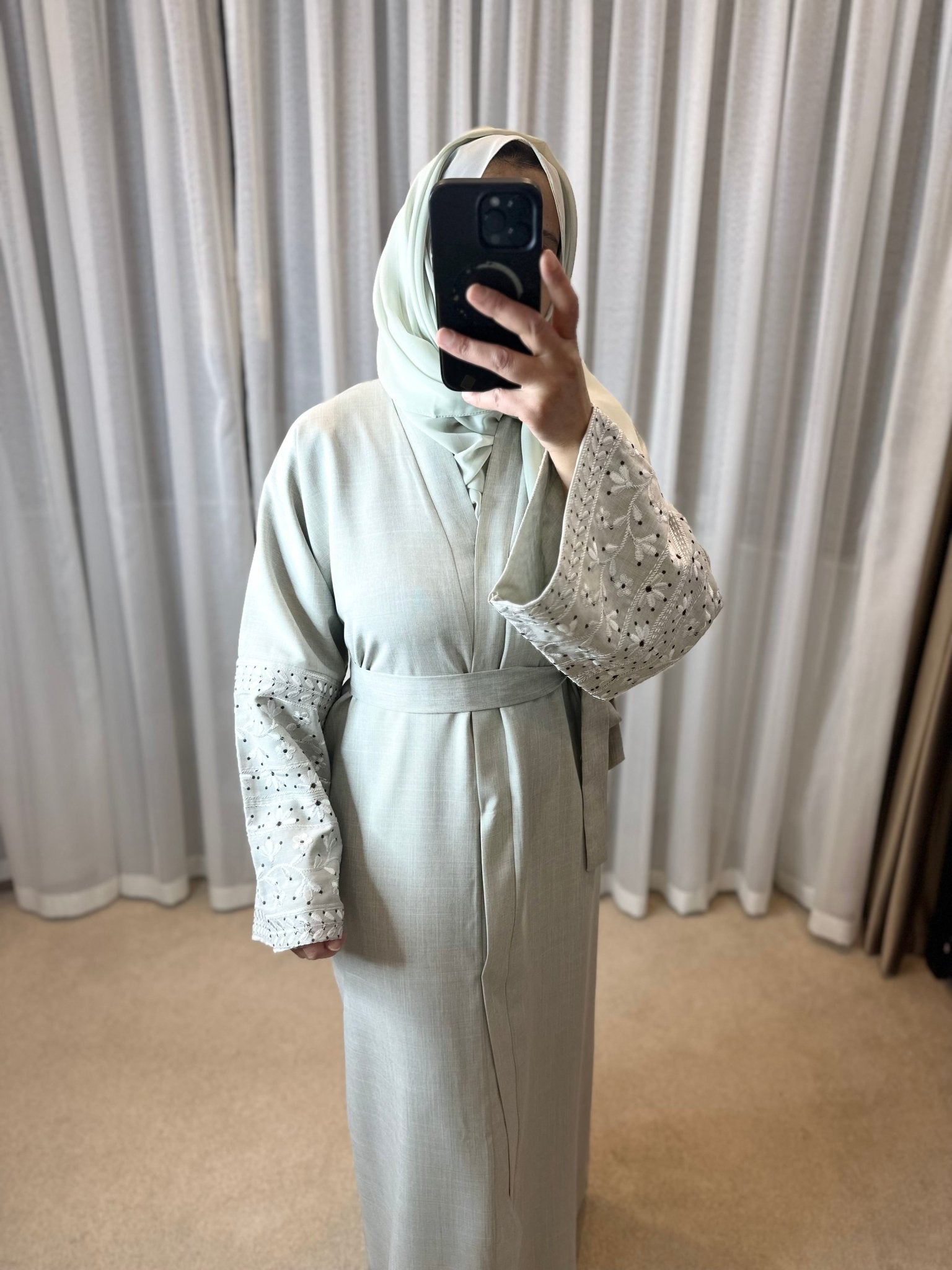 Cotton Blend Embroidery Sleeve Cardigan Open Abaya Dress - Mesyana