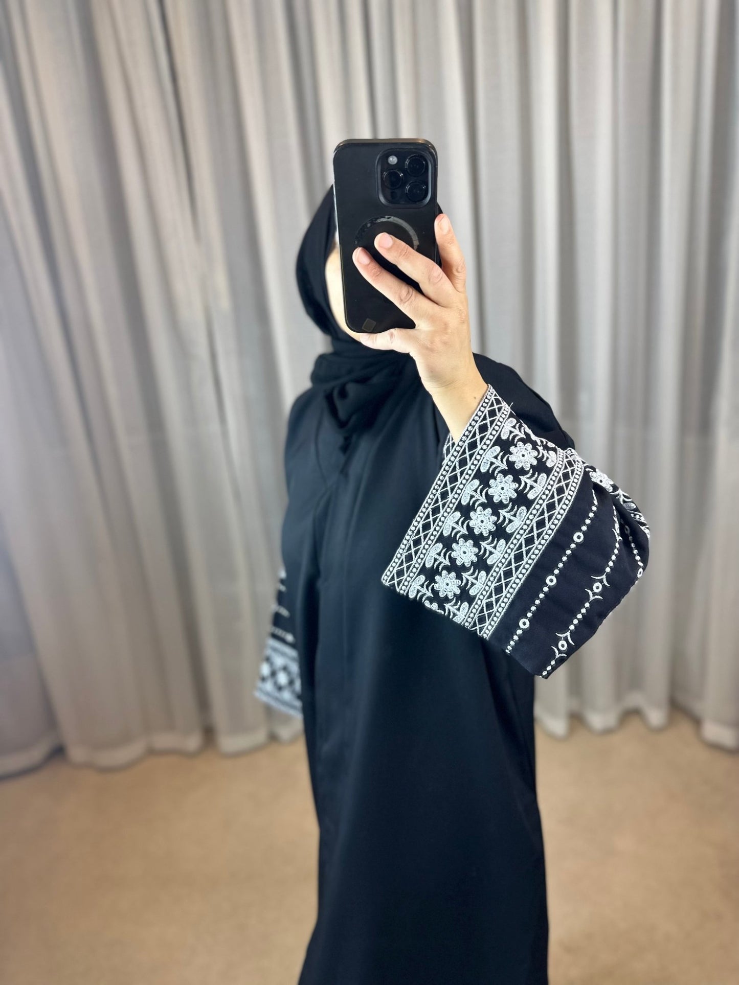 Cotton Blend Embroidery Sleeve Cardigan Open Abaya Dress - Mesyana