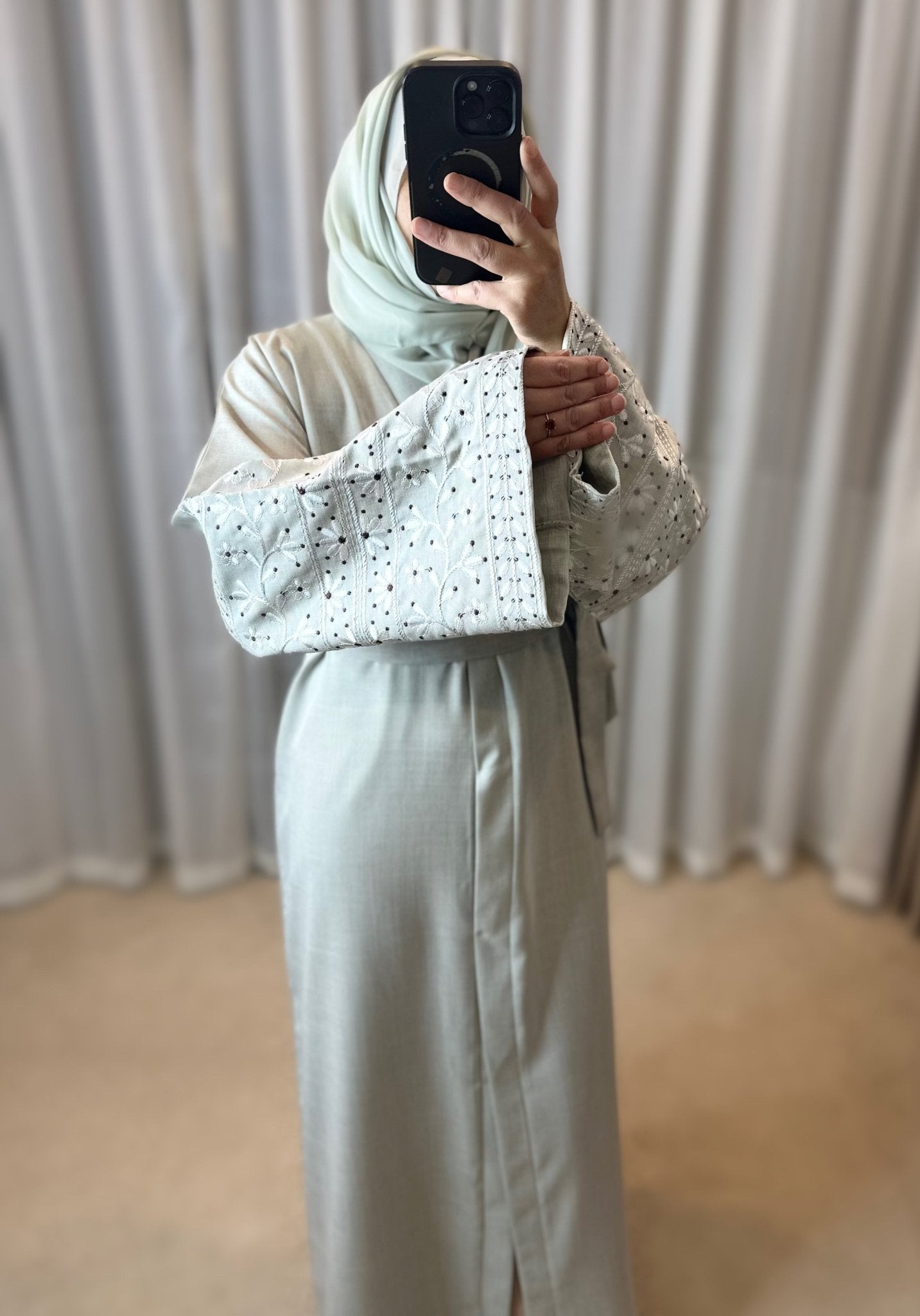 Cotton Blend Embroidery Sleeve Cardigan Open Abaya Dress - Mesyana