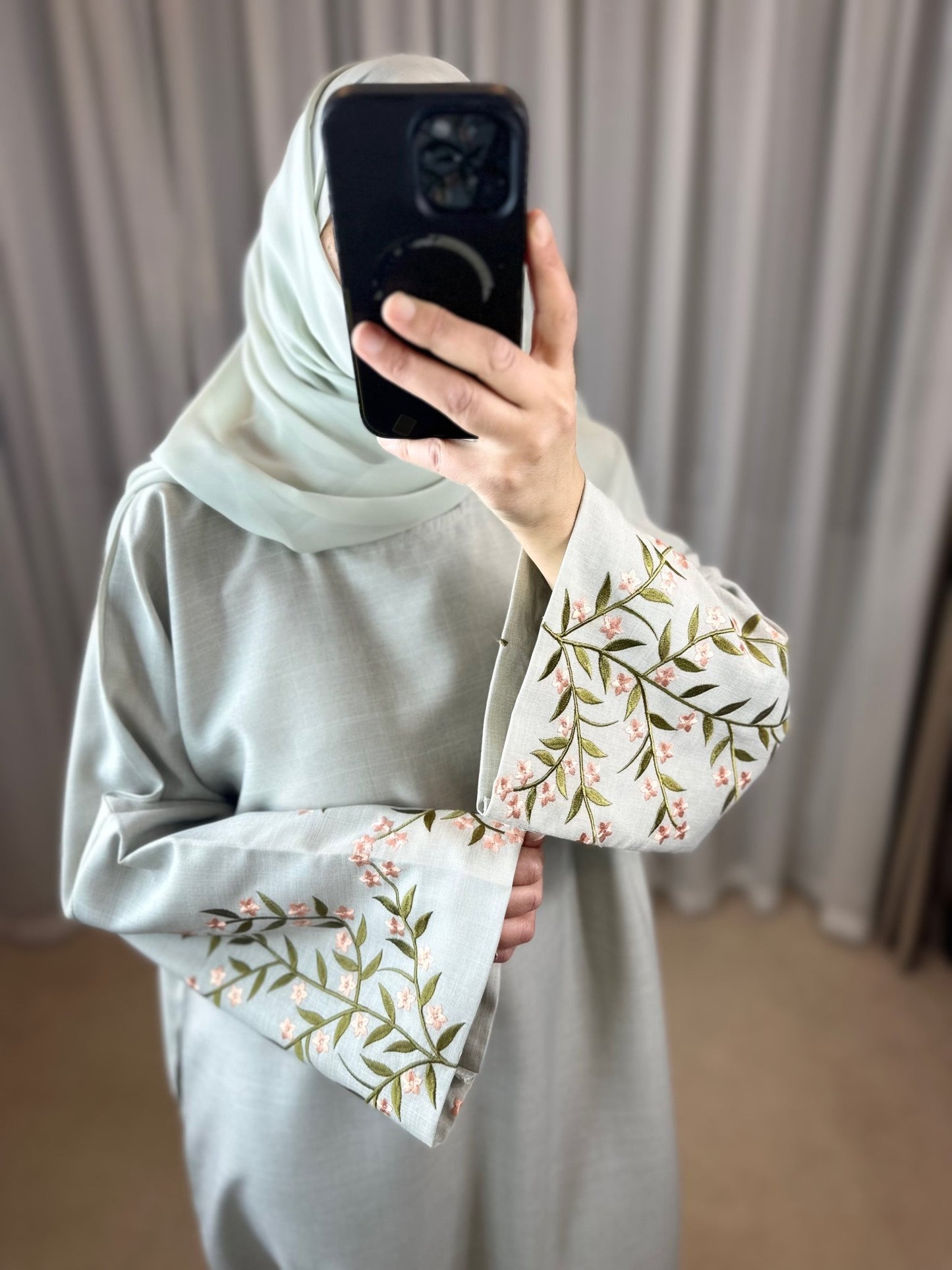 Flower Embroidery Sleeve Abaya Dress - Mesyana